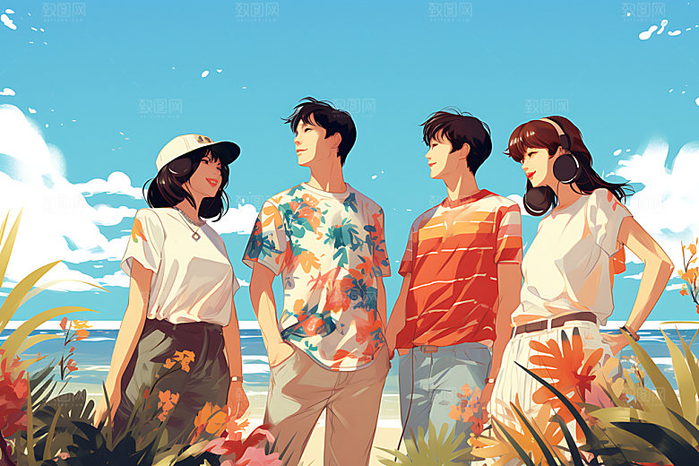 暑假旅游海边扁平风插画