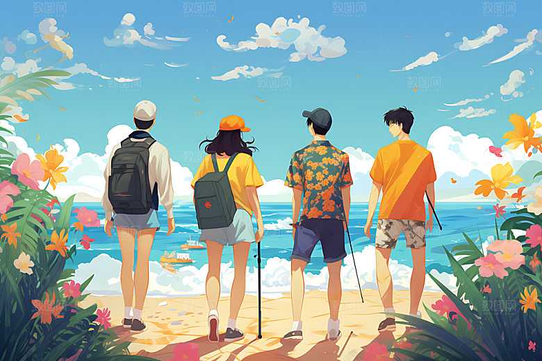 暑假旅游海边水彩插画
