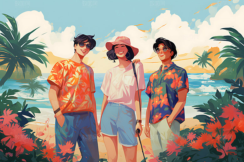 暑假旅游学生海边插画