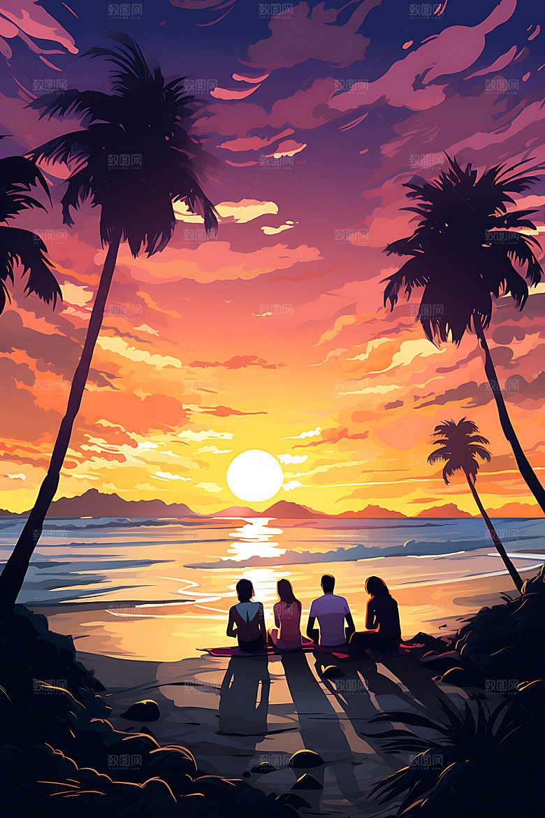 暑假旅游手绘毕业旅行插画