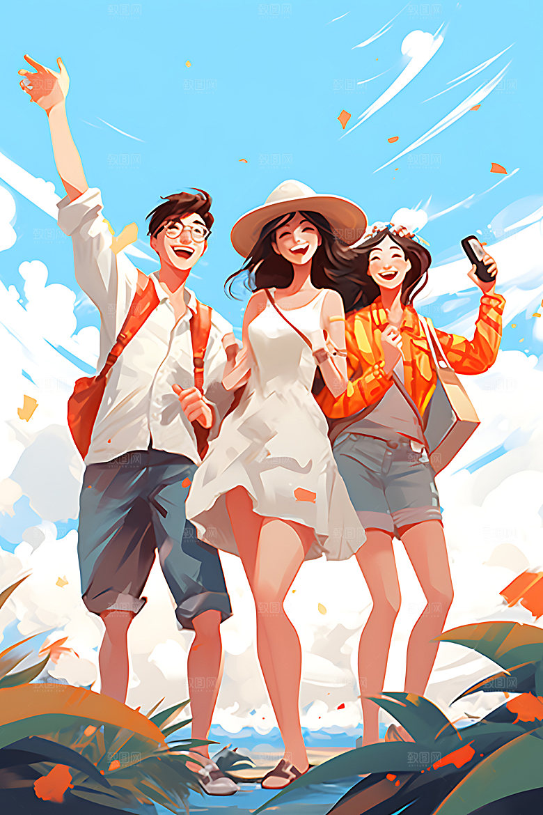 暑假旅游手绘水彩插画