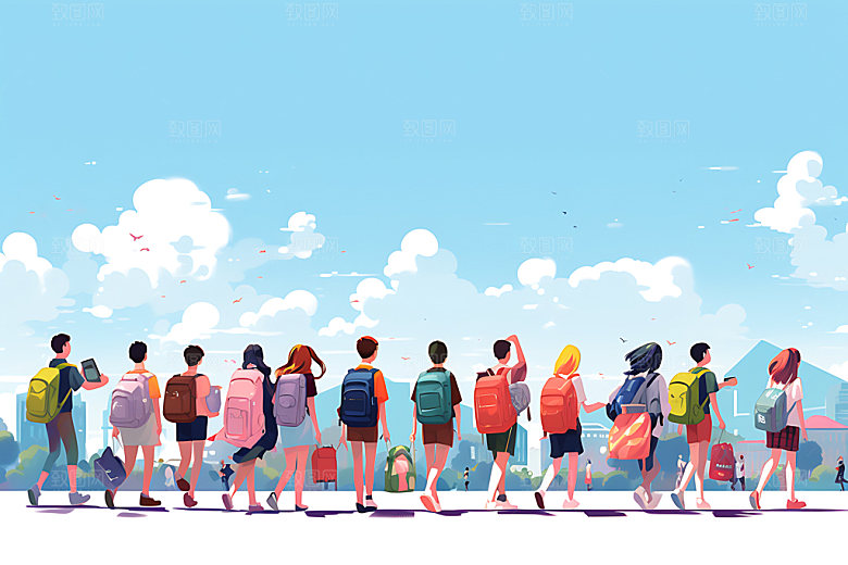 暑假旅游手绘学生插画