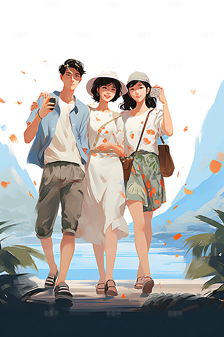 暑假旅游扁平风海边插画