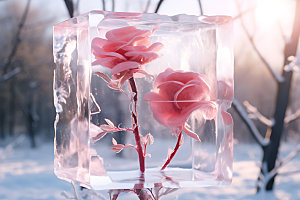 冰冻鲜花标本浪漫摄影图