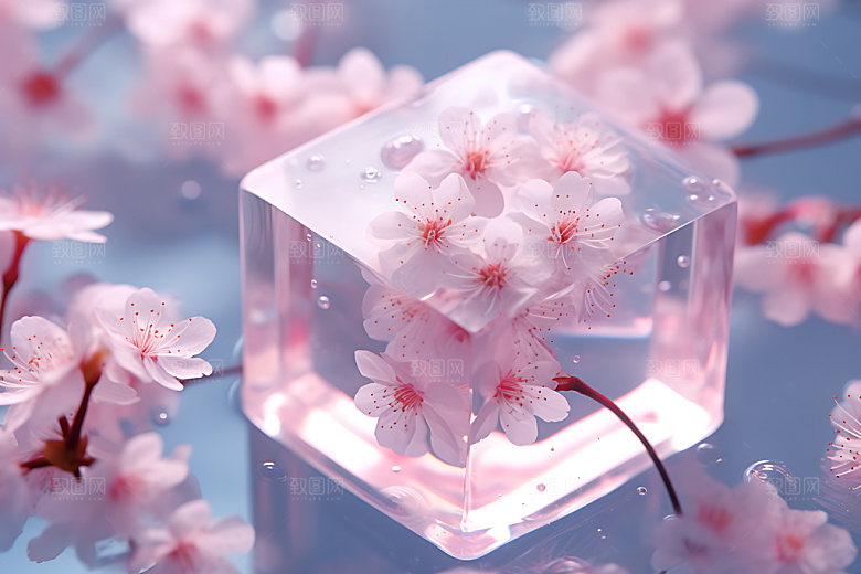 冰冻鲜花冰块标本摄影图