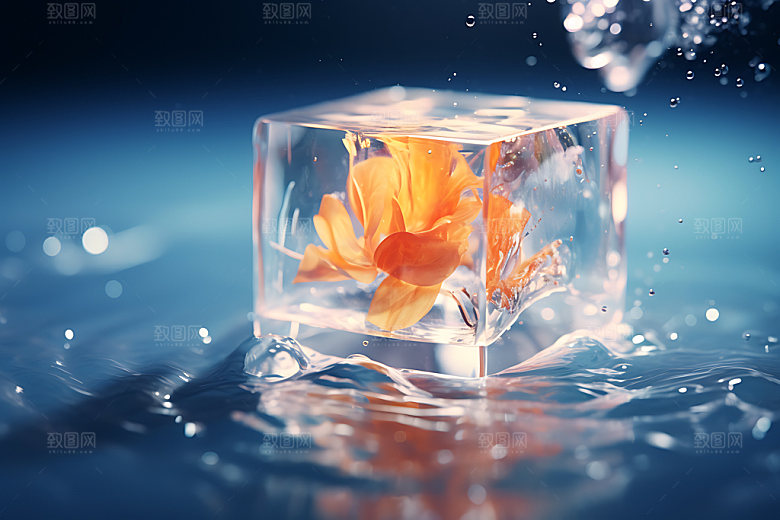 冰冻鲜花冰块植物摄影图