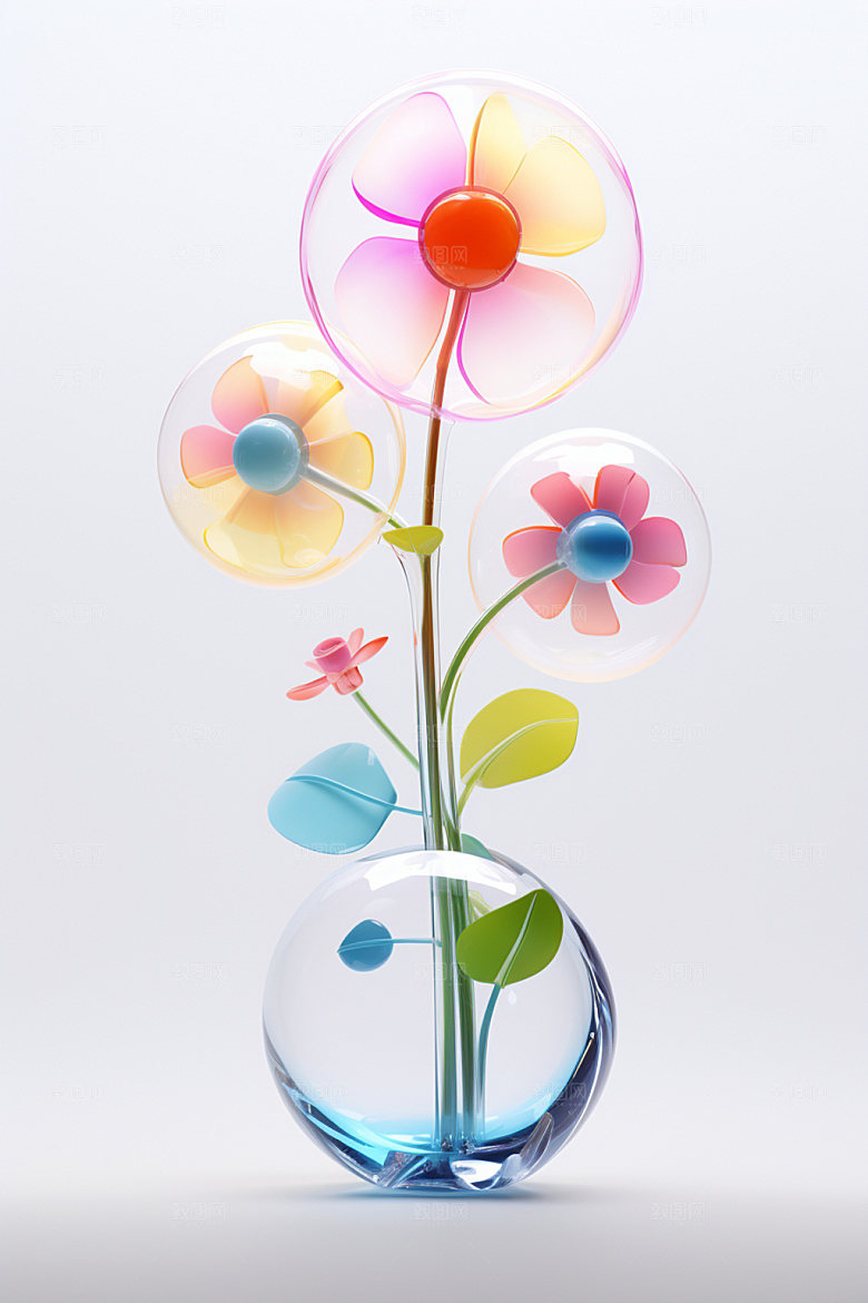 玻璃质感透明可爱花卉立体模型
