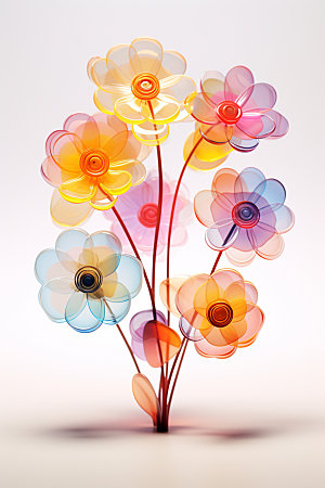 玻璃质感绚丽多彩可爱花卉立体模型