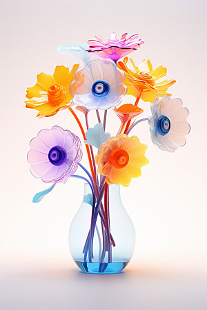 玻璃质感透明可爱花卉立体模型