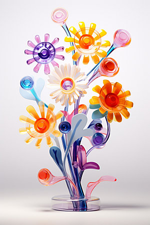 玻璃质感矢量元素可爱花卉立体模型