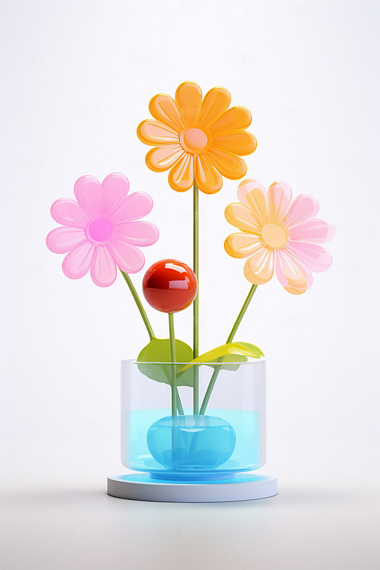 玻璃质感矢量元素水晶花立体模型