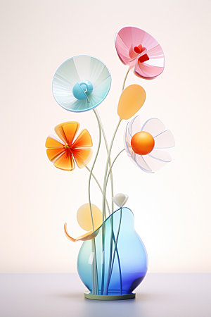 玻璃质感小清新可爱花卉立体模型