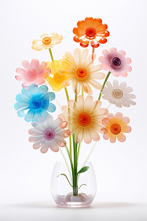 玻璃质感绚丽多彩可爱花卉立体模型