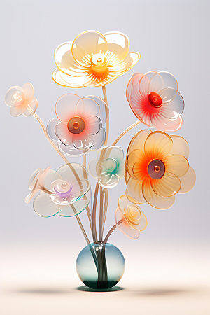 玻璃质感可爱花卉绚丽多彩立体模型