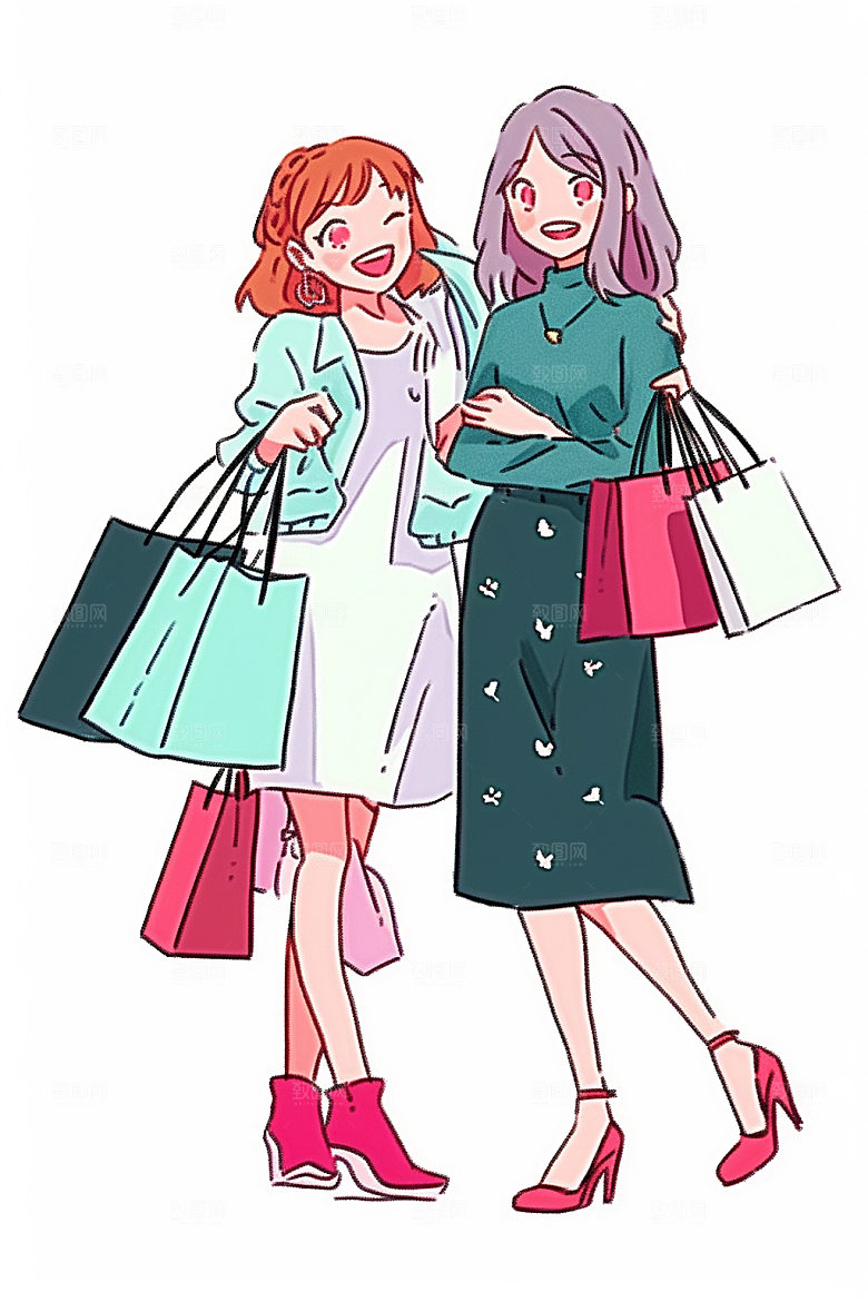 双十一手绘插画女生闺蜜矢量素材