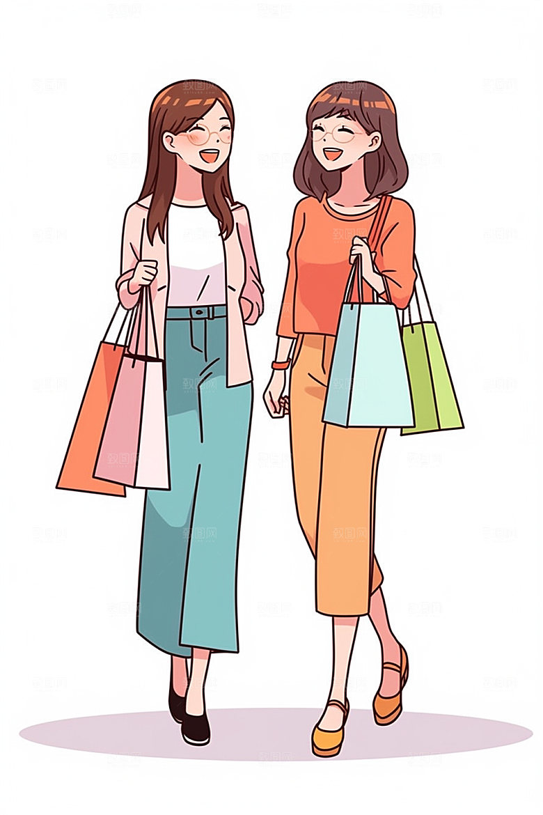 双十一女生闺蜜卡通人像矢量素材