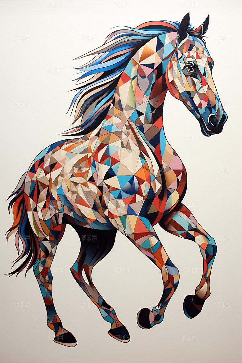 彩色马匹拼贴创意插画
