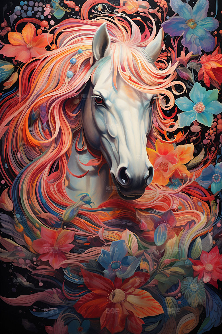 彩色马匹拼贴创意插画