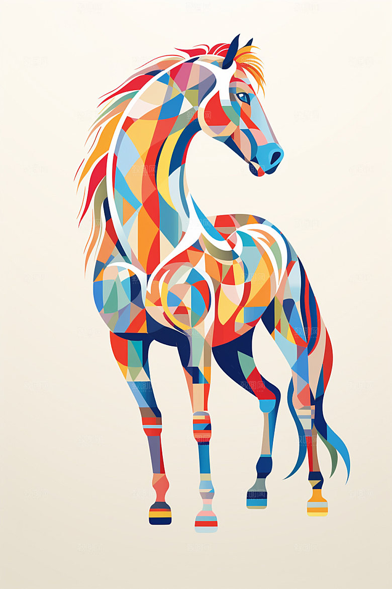 彩色马匹版画油画插画