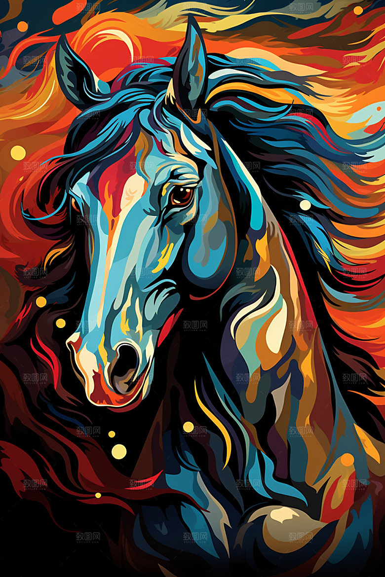 彩色马匹高清油画插画
