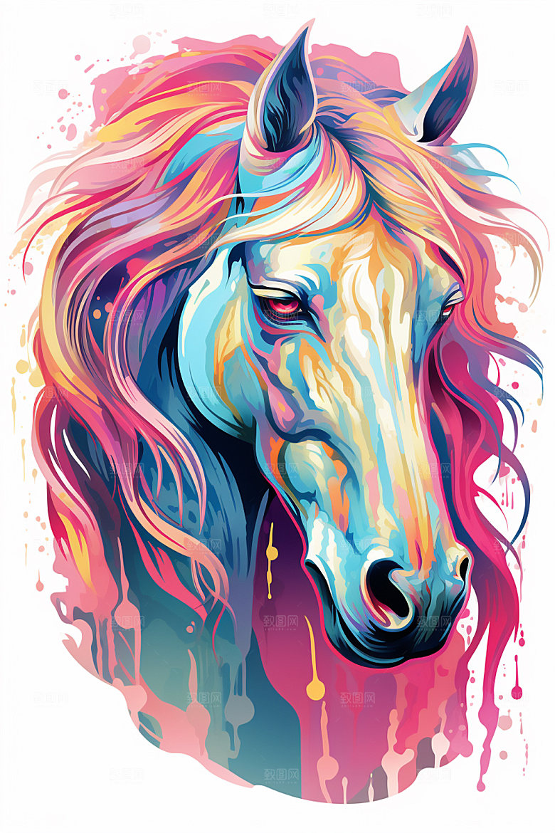 彩色马匹拼贴版画插画