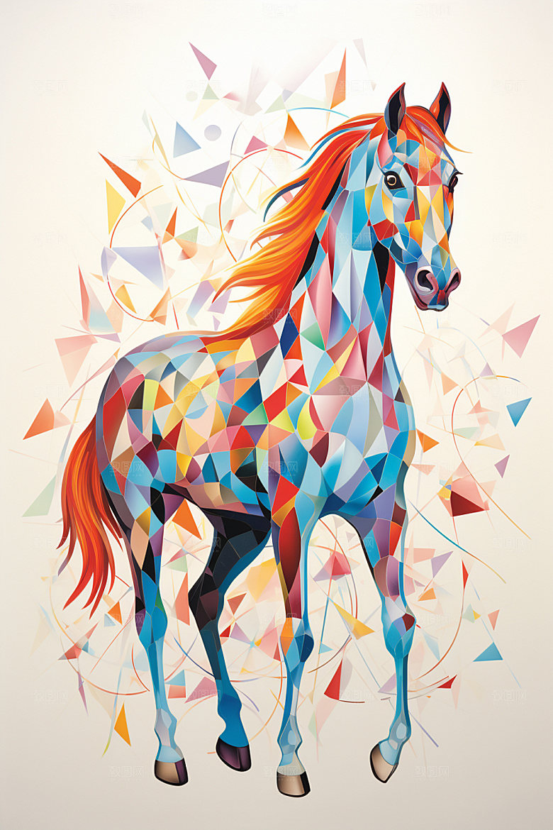 彩色马匹油画拼贴插画