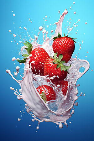 草莓果汁草莓牛奶果汁飞溅摄影图