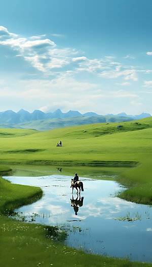 草原蓝天骑马摄影图