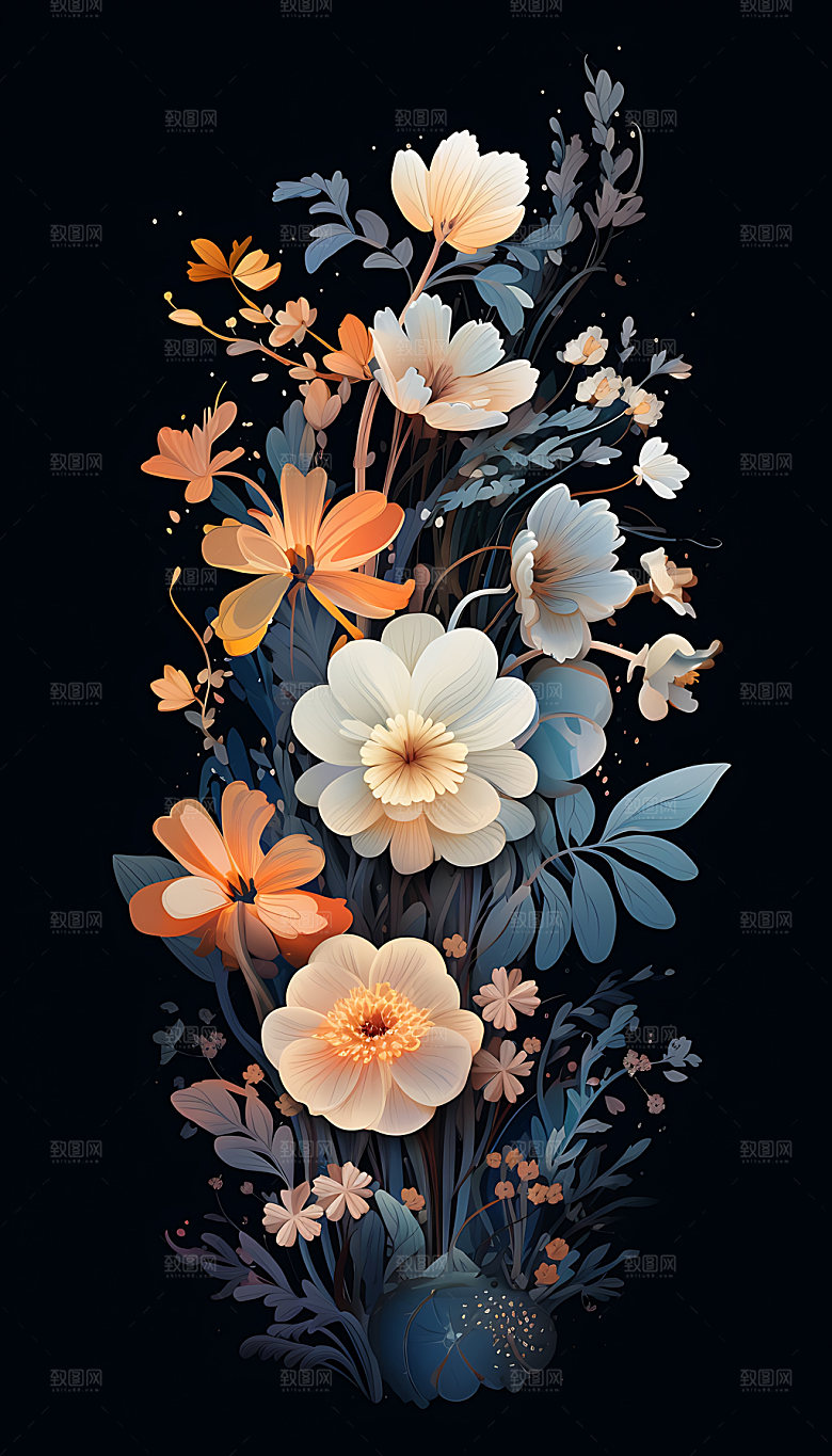 梦幻花卉风格化植物CG插画