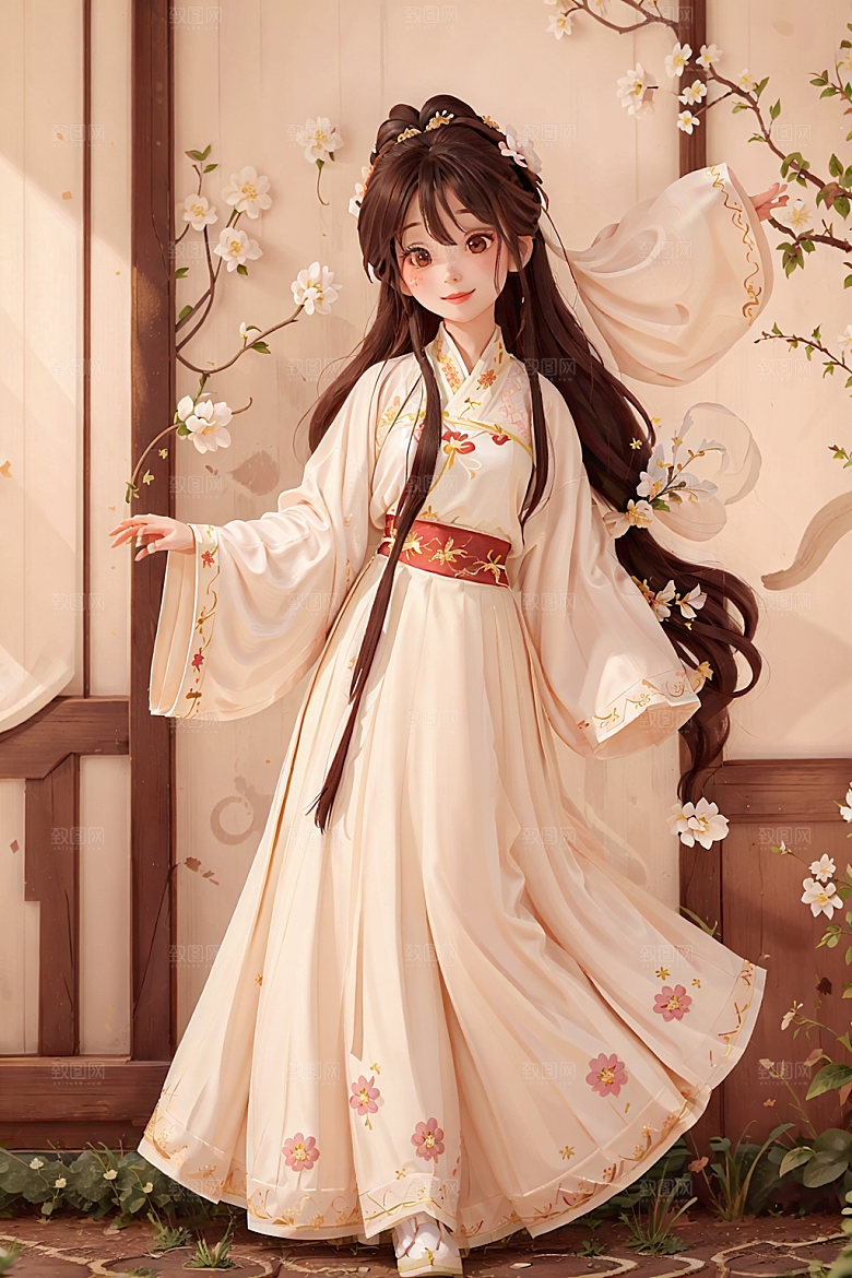 汉服少女卡通水墨风插画