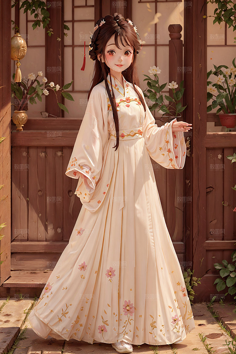 汉服少女国画风中国风插画