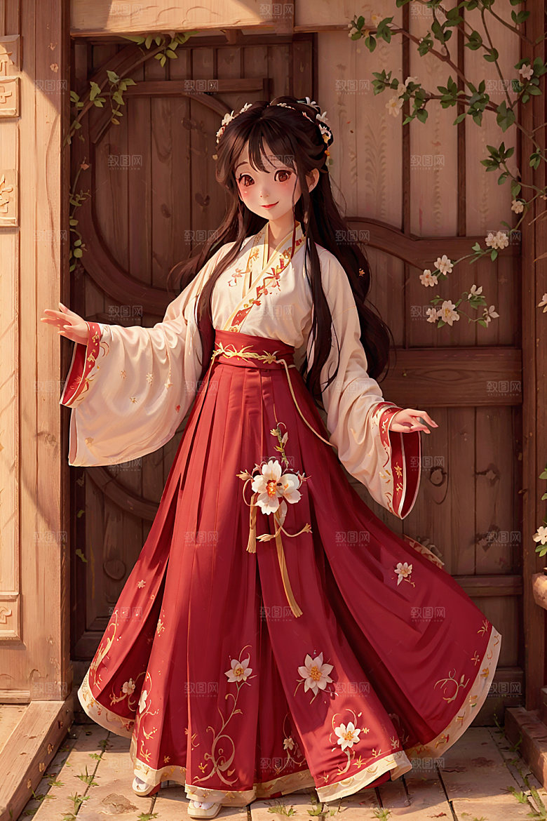 汉服少女国画风水墨风插画