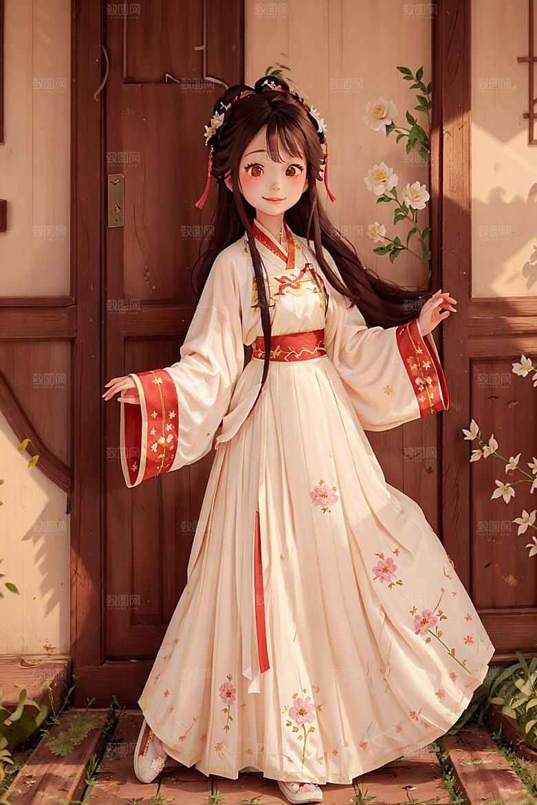 汉服少女甜美国画风插画