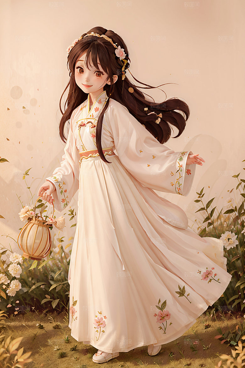 汉服少女国画风人物插画