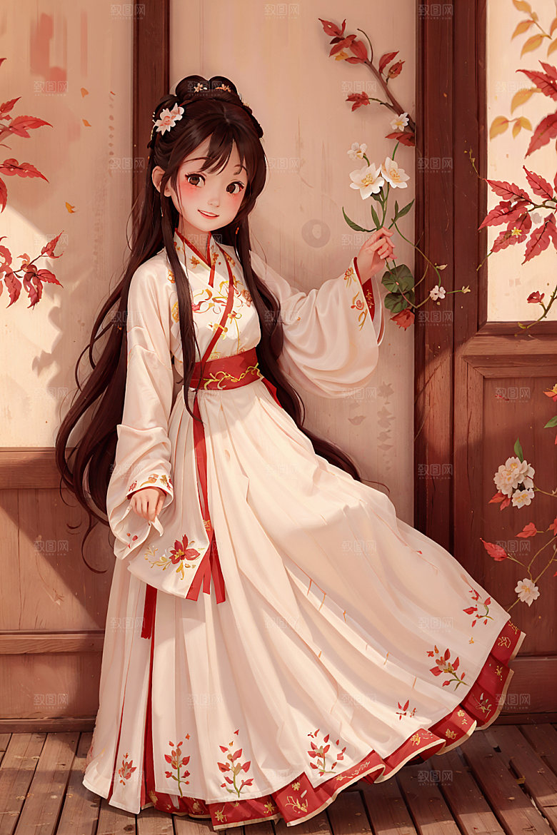 汉服少女中国风水墨风插画