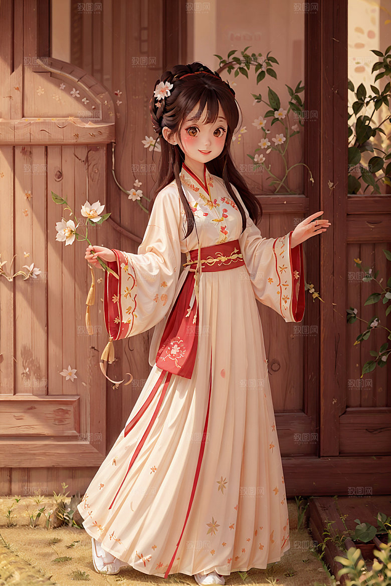 汉服少女国画风人物插画