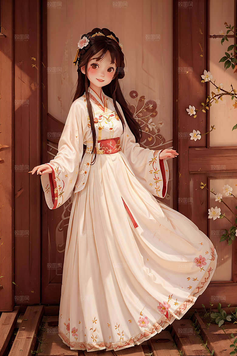 汉服少女水墨风甜美插画