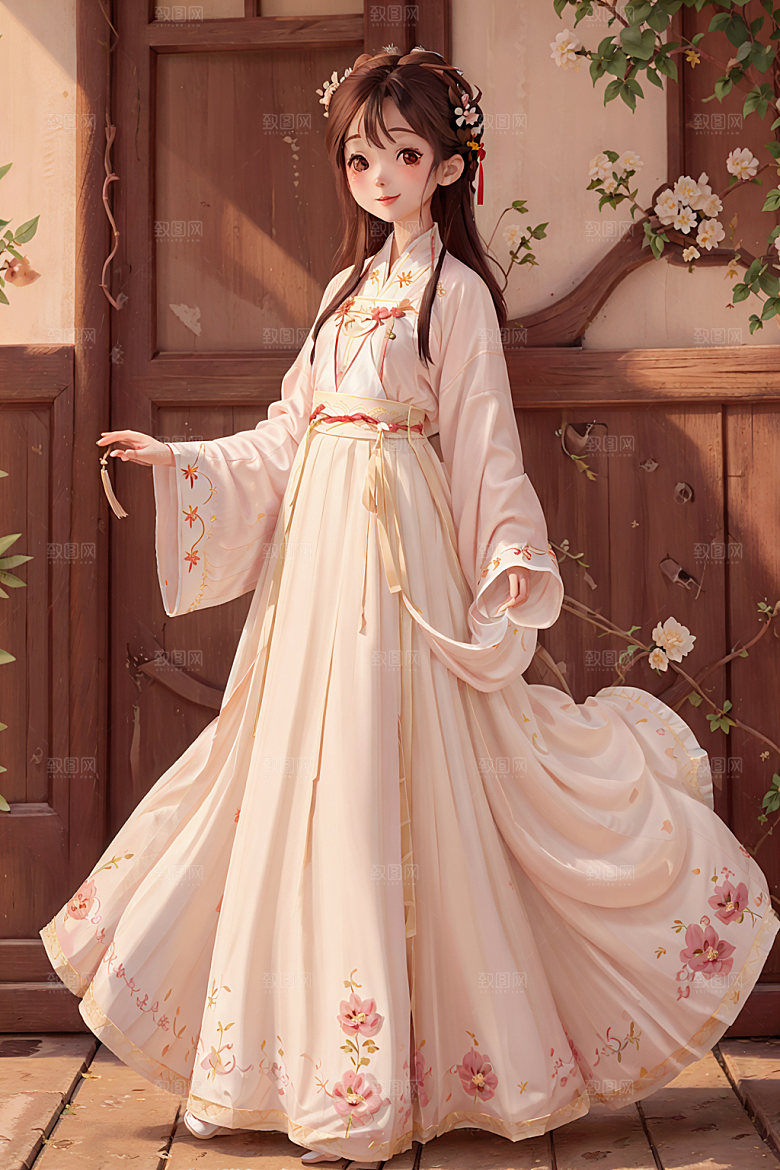 汉服少女国画风可爱插画