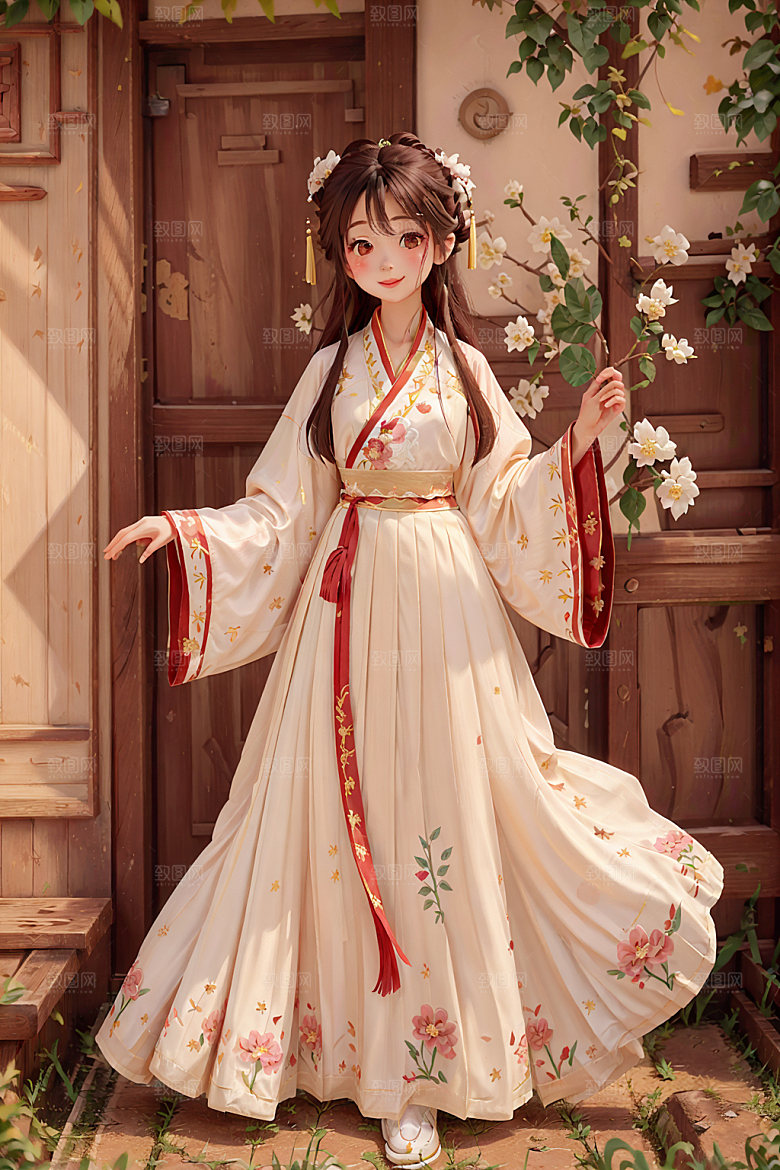汉服少女可爱国画风插画