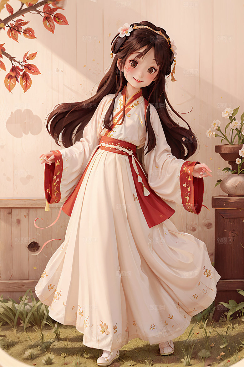 汉服少女国画风唯美插画