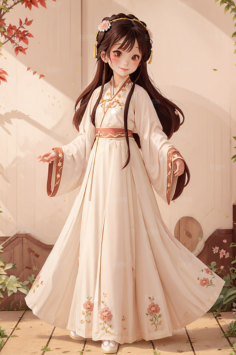 汉服少女国画风水墨风插画