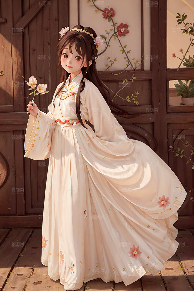 汉服少女国画风人物插画