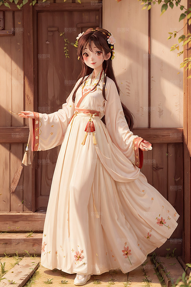 汉服少女国画风甜美插画