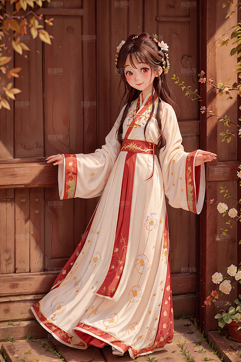 汉服少女国画风中国风插画