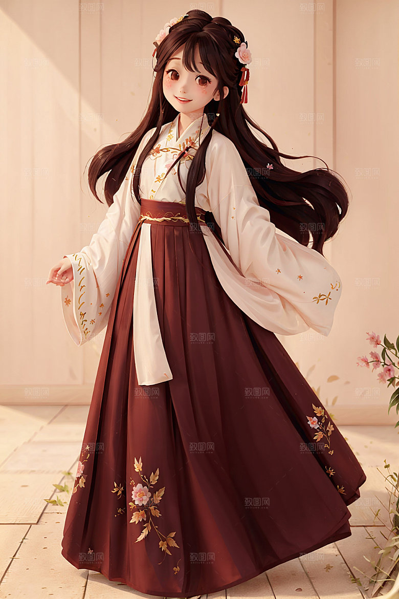 汉服少女唯美水墨风插画