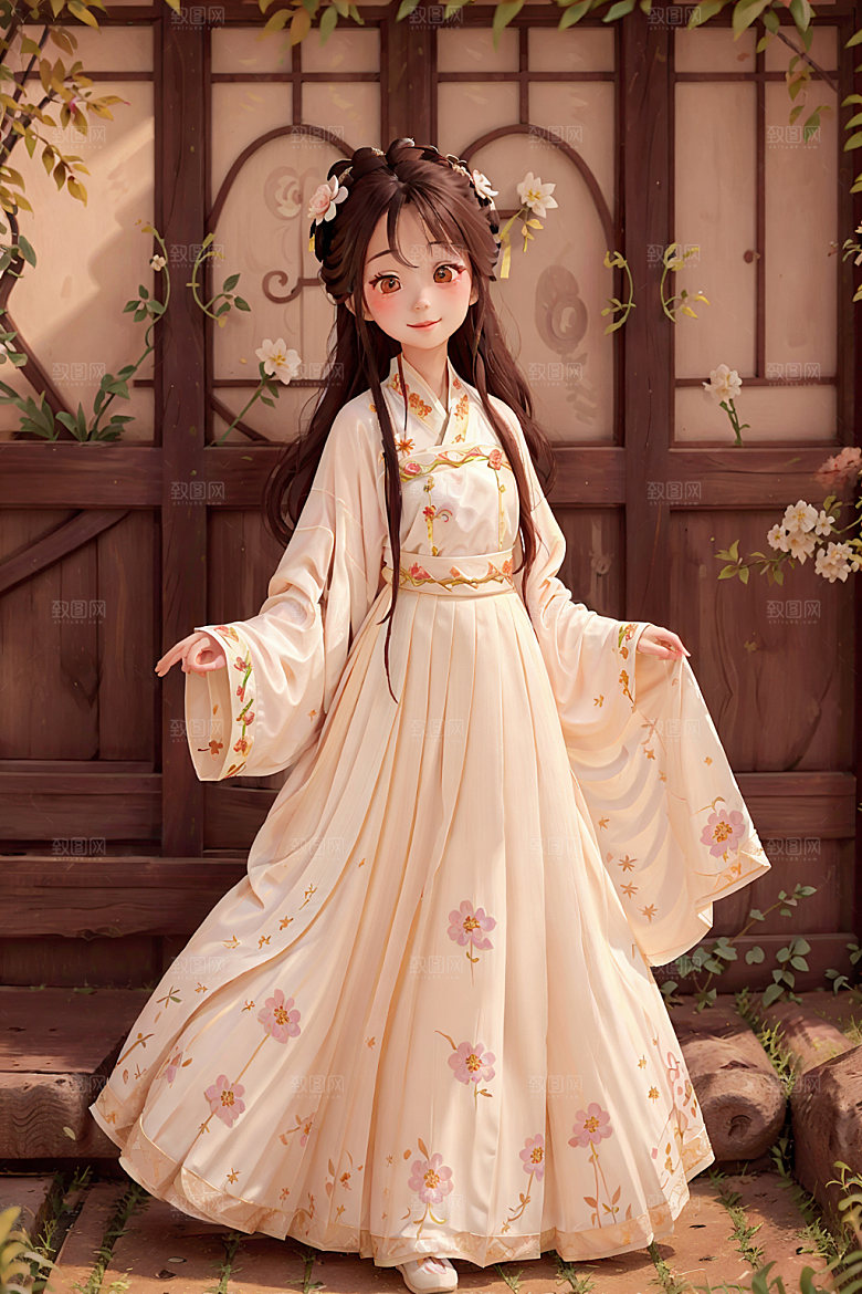 汉服少女传统文化国画风插画