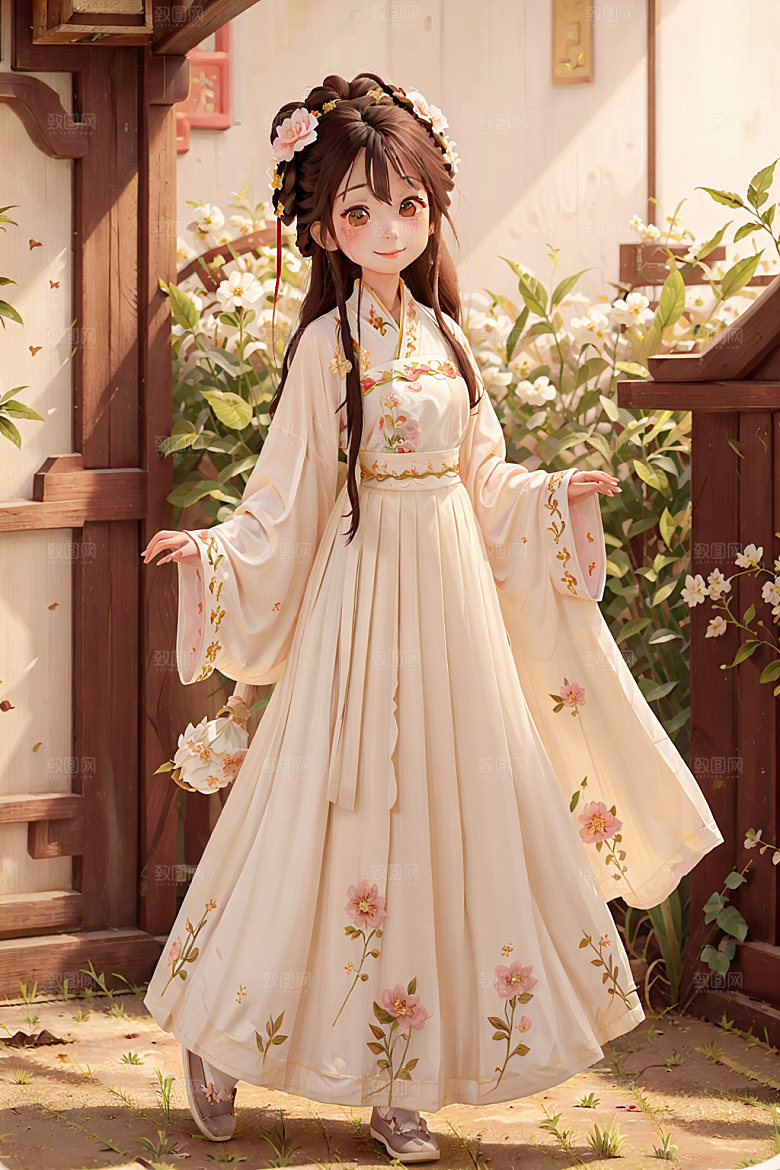 汉服少女水墨风可爱插画