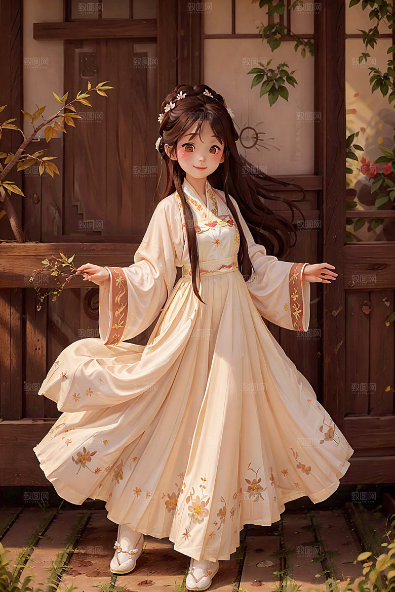 汉服少女人物国画风插画