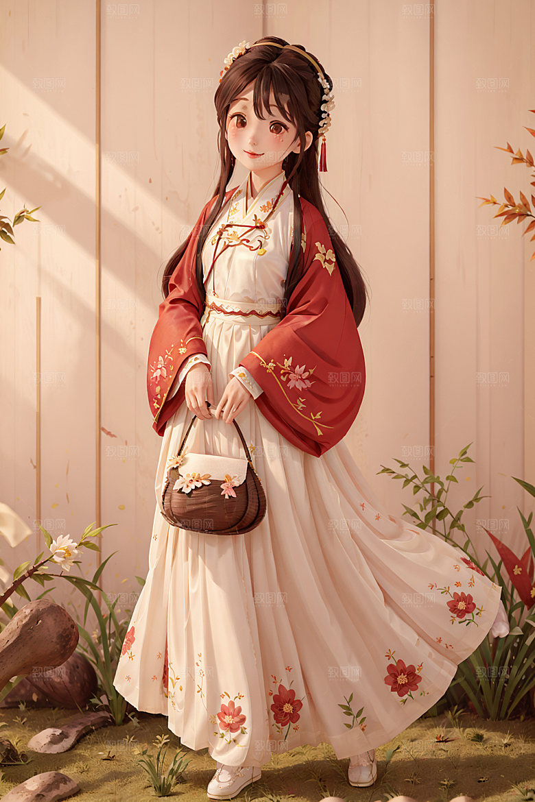 汉服少女国画风甜美插画