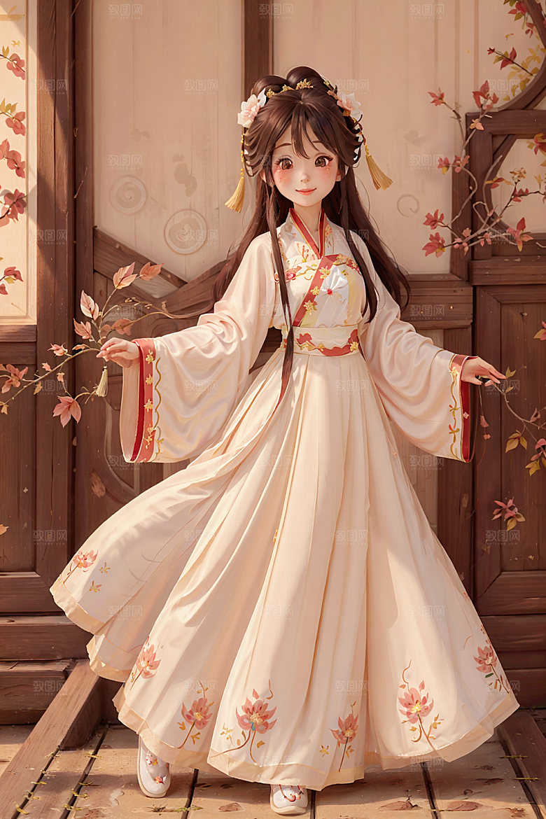 汉服少女卡通水墨风插画